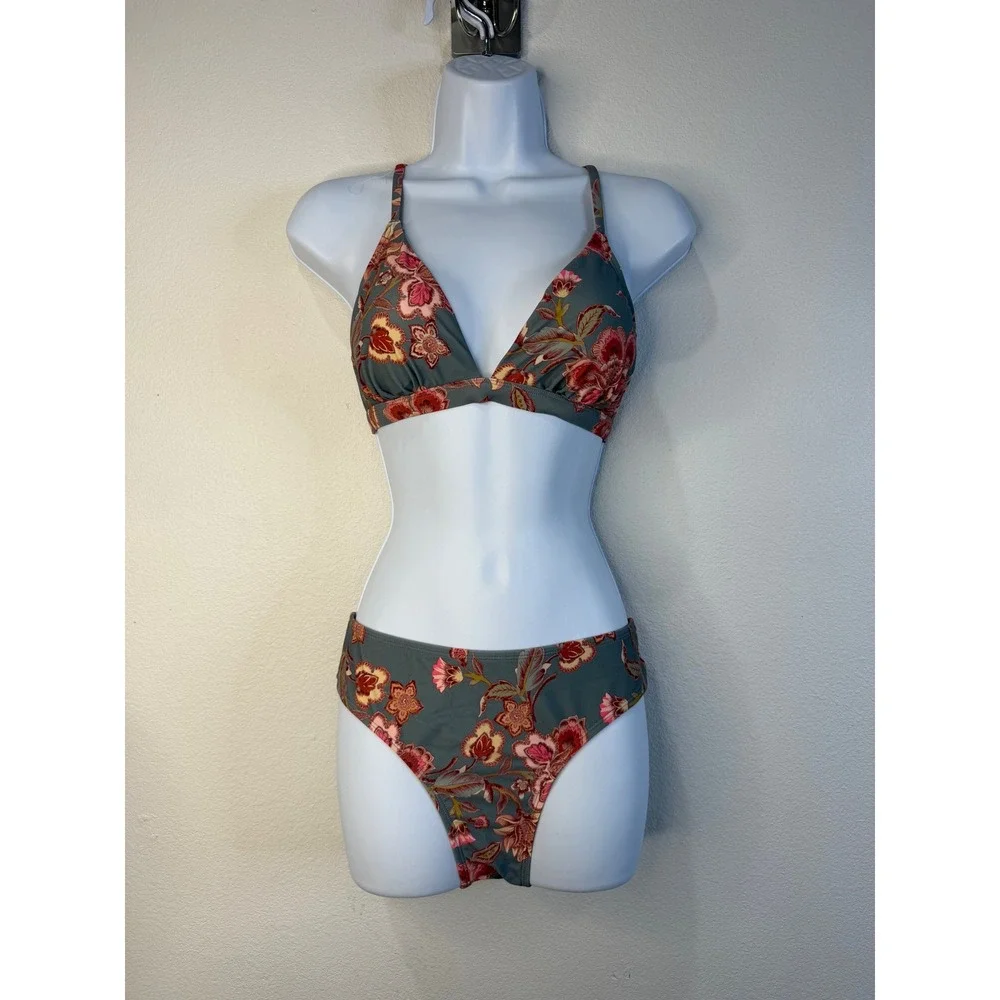 Cupshe Women Teal Pink Floral Paisley Triangle Bikini Set  Size M